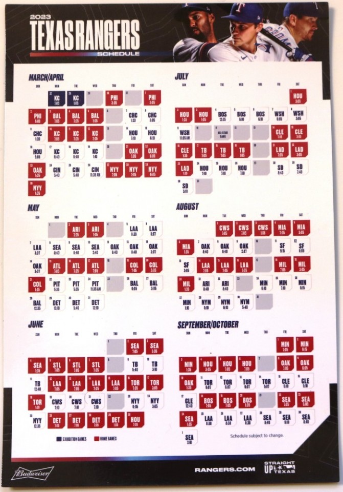 One (1) Official Texas Rangers 2023 Opening Day Magnetic Schedule. SGA 3/30/ 2023