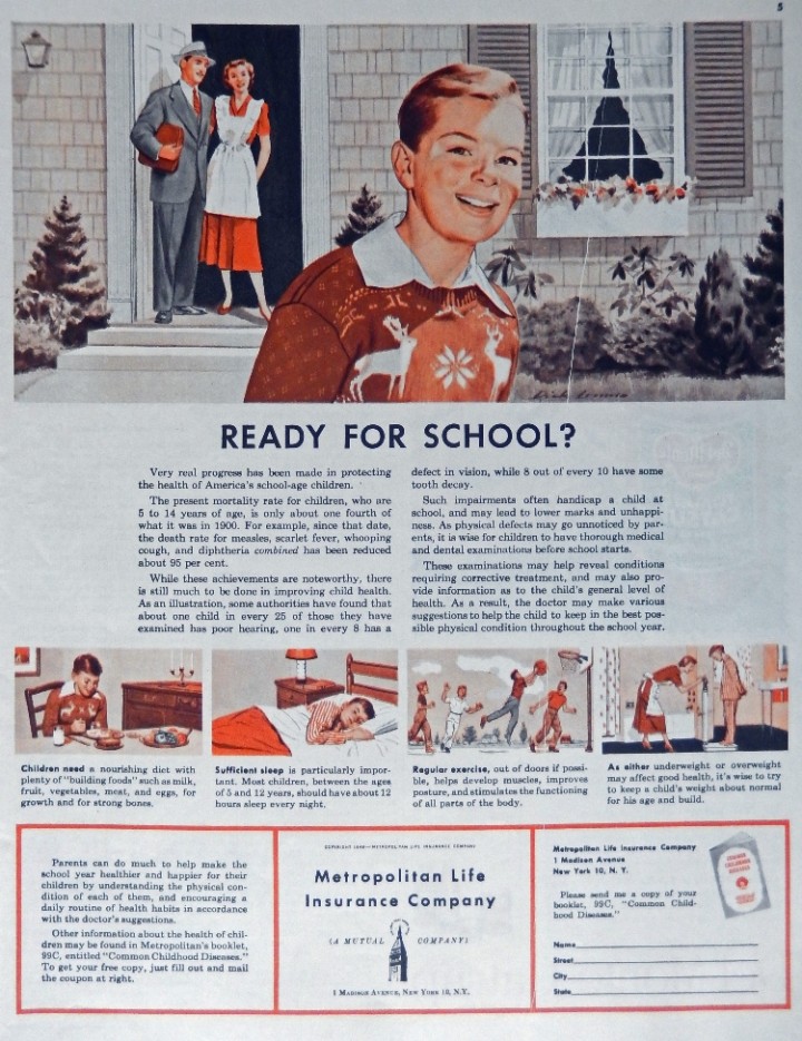 Ebluejay Metropolitan Life Insurance Company 40 S Print Ad Color Illustration Boy Going To School
